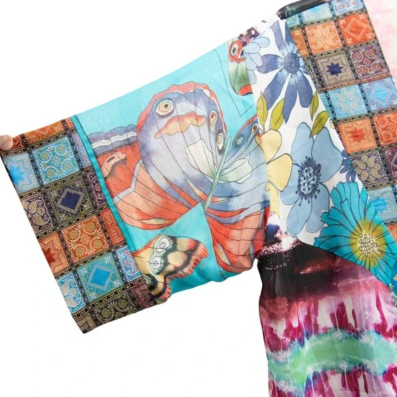 Kimono Silk Jacket OS Artistic Abstract Wearable Art Colorful Eclectic Geometric - Picture 4 of 7